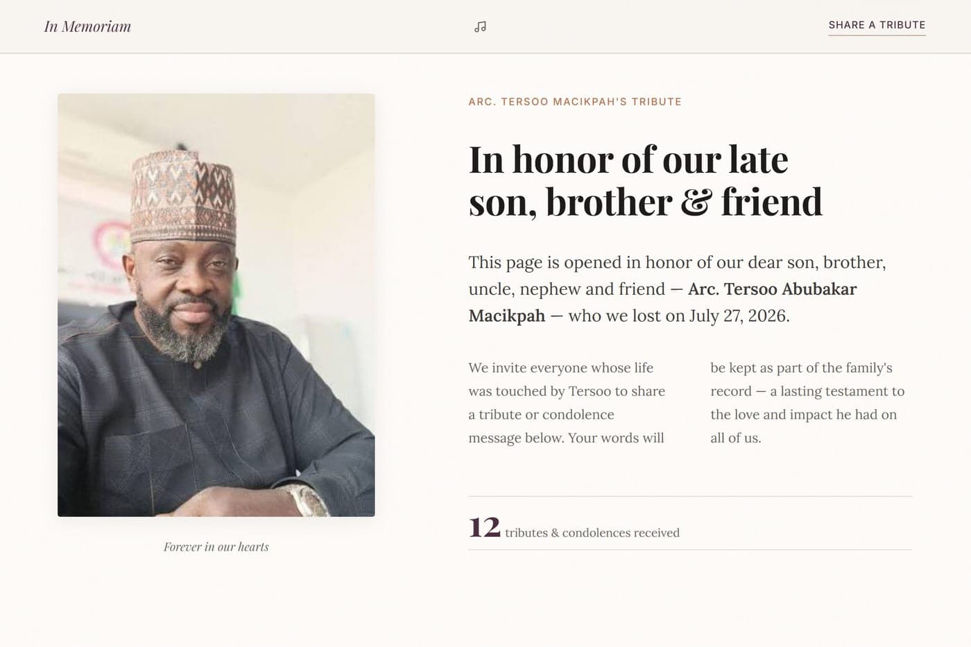 In Loving Memory — online memorial and tribute web app built by Hasbiyallahu Jafaru, web application developer