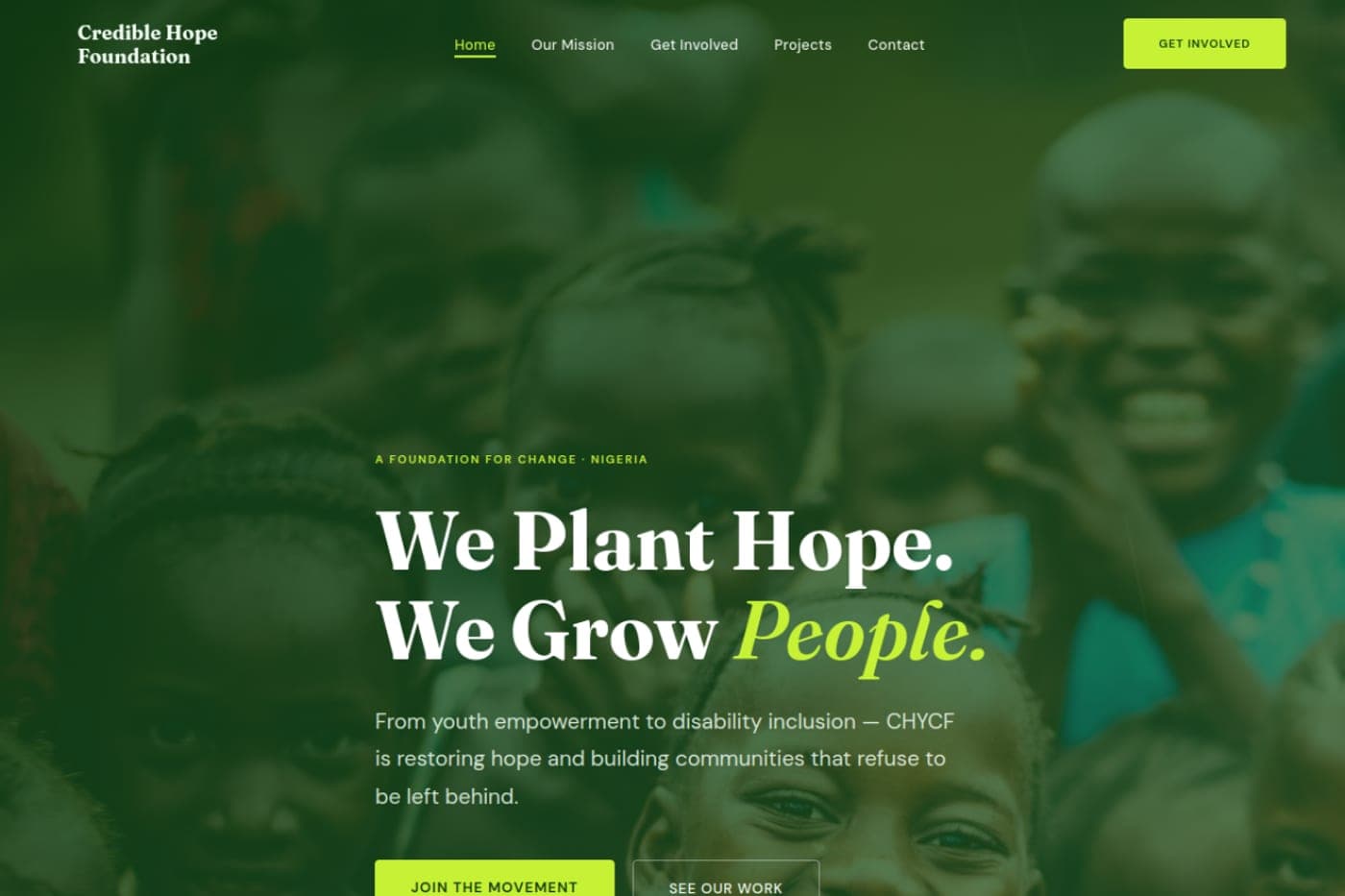 Credible Hope Foundation nonprofit website designed by Hasbiyallahu Jafaru — warm, mission-driven web design