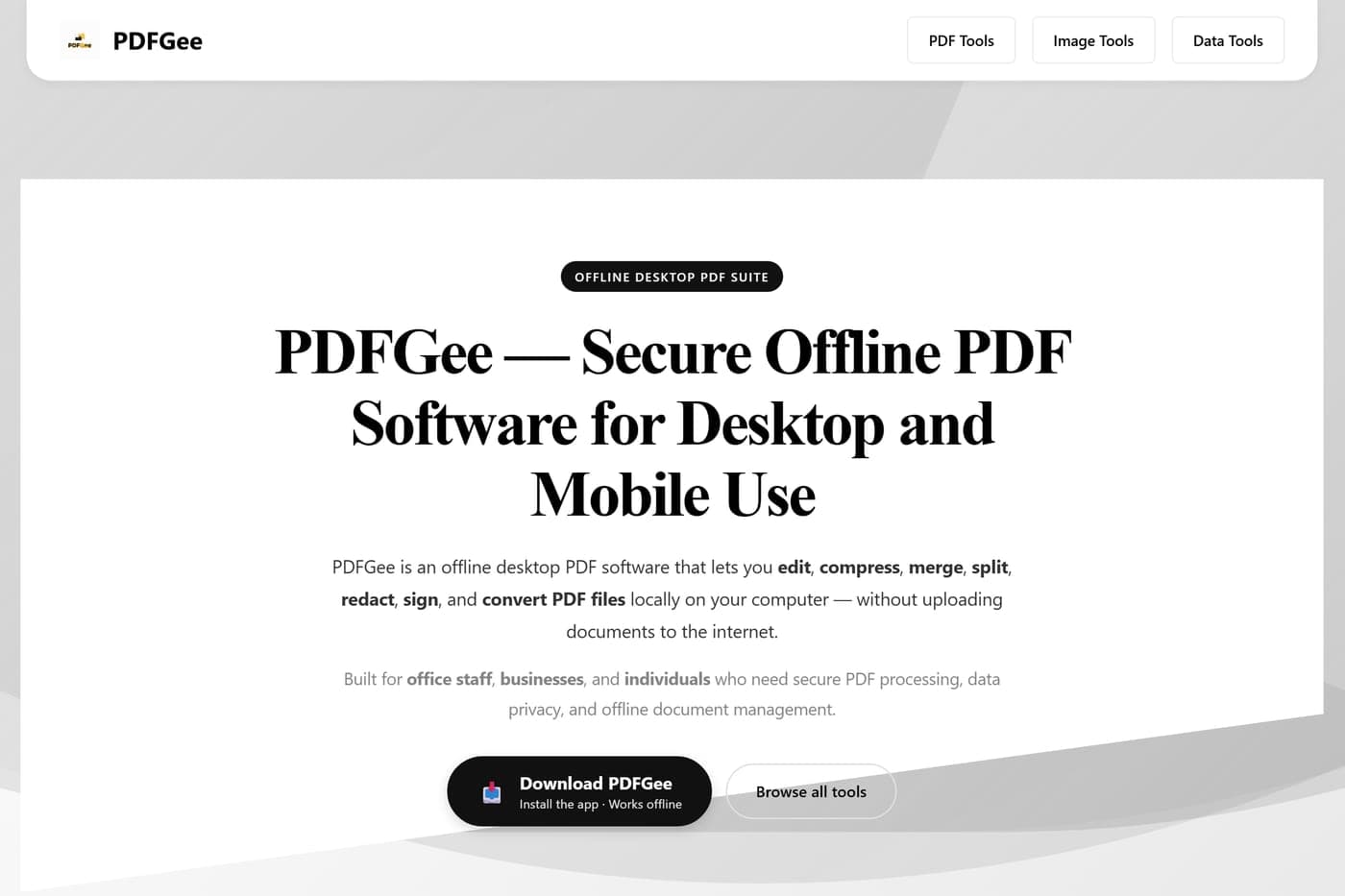 PDFGee offline PDF software — document tools web app built by Hasbiyallahu Jafaru, full-stack developer