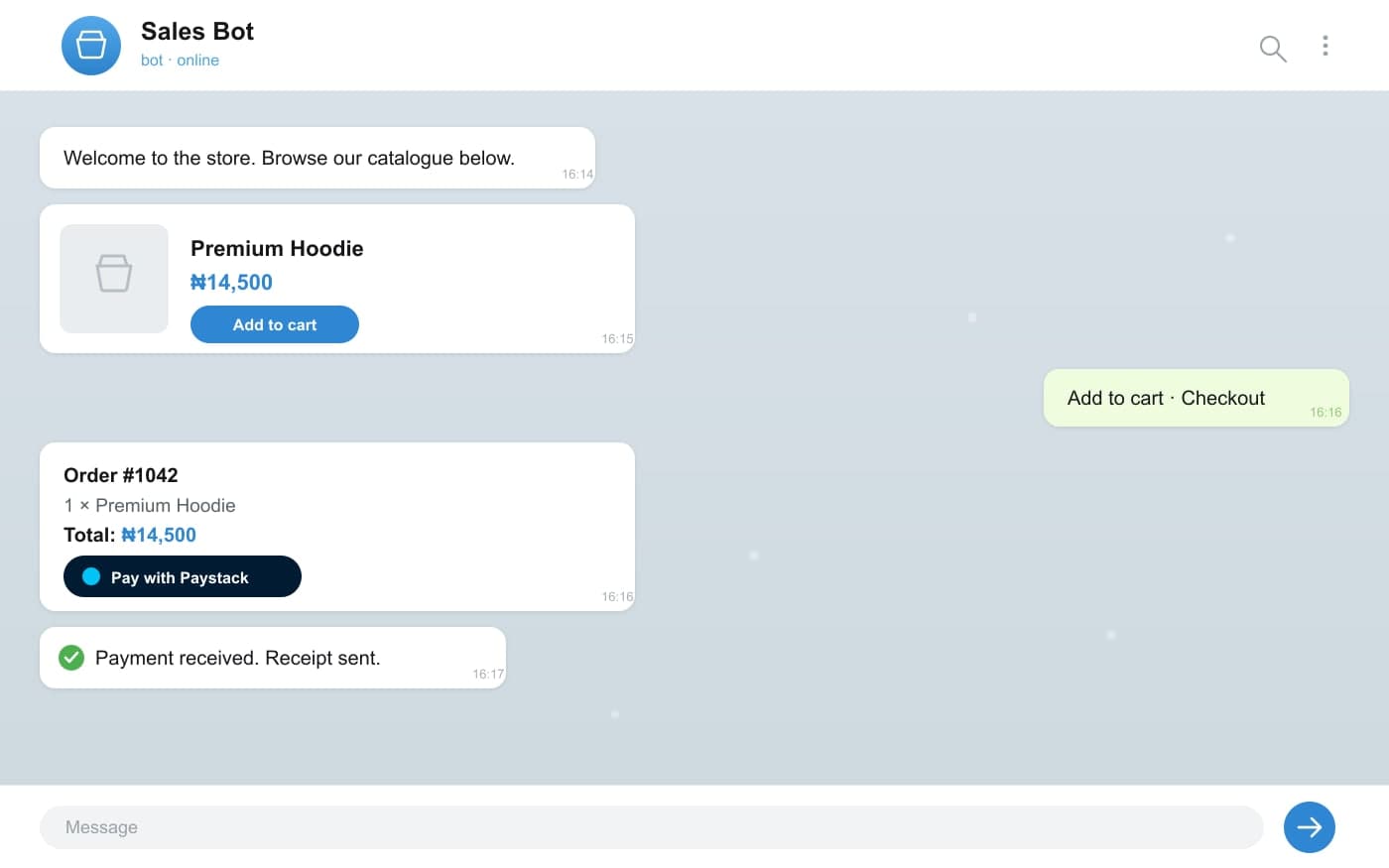 Telegram sales bot with Paystack payment integration built by Hasbiyallahu Jafaru — e-commerce automation