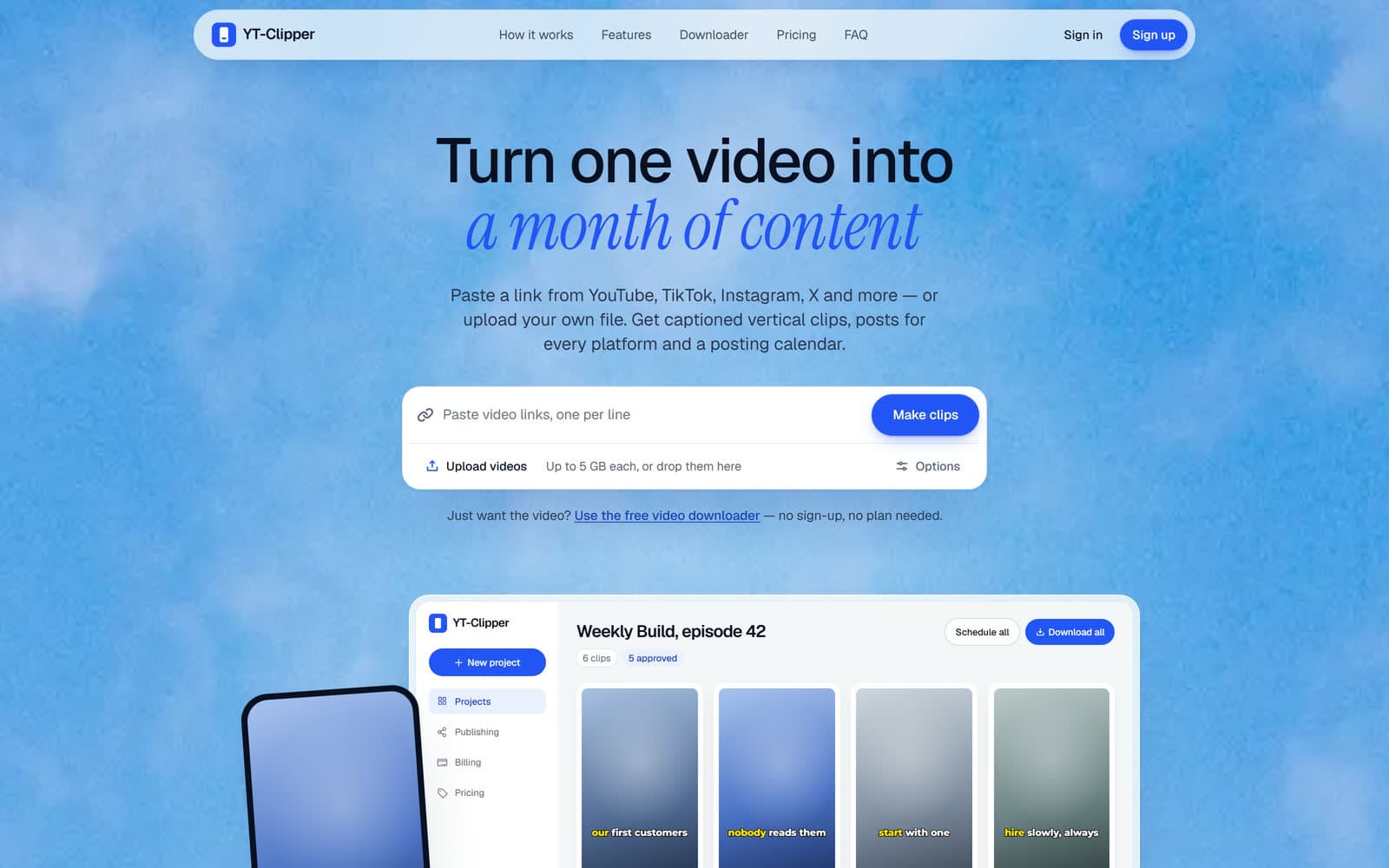 YT Clipper web app for turning long YouTube videos into short clips, built by Hasbiyallahu Jafaru